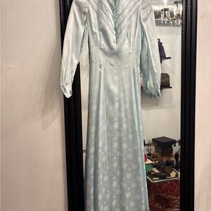 Pale Blue Satin Floral Maxi Dress with V-Neck and Long Sleeves